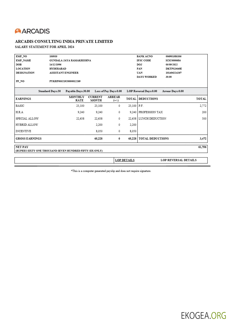 Modèle de relevé de salaire d'Arcadis Consulting India aux formats Word et PDF.pdf, 1